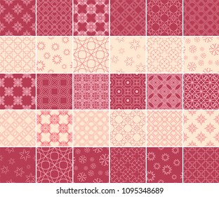 Geometric and floral collection of seamless patterns. Cherry red and beige backgrounds for textile and wallpapers