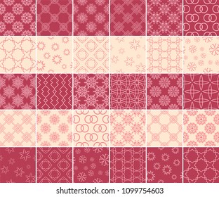 Geometric and floral collection of seamless patterns. Cherry red and beige backgrounds for textile and wallpapers