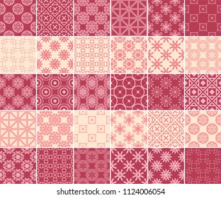 Geometric and floral collection of seamless patterns. Cherry red and beige backgrounds for textile and wallpapers