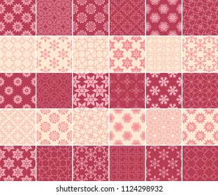 Geometric and floral collection of seamless patterns. Cherry red and beige backgrounds for textile and wallpapers