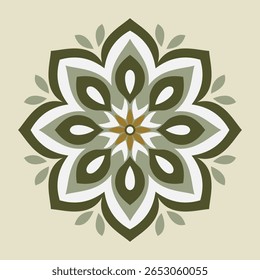 Design floral geométrico apresenta uma flor verde-oliva com detalhes em ouro e fundo bege, adequado para padrões e fins decorativos.