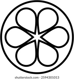 Geometric floral design with star center and petal outlines within circle, creating striking symmetrical pattern.