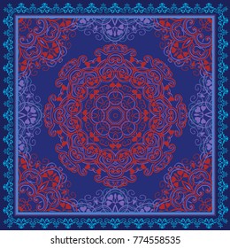 Geometric floral doodle pattern with ornate lace frame. Tribal ethnic ornament. Bandanna shawl fabric print, silk neck scarf or kerchief design.