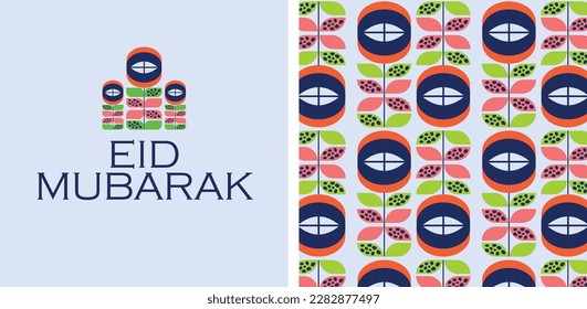 Geometric floral Eid card vector illustration front and back greeting card design. Modern trendy card design for eid festival. Eid banner graphics. Muslim religious holiday card