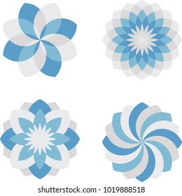 Geometric floral elements. Beautiful blue shapes composition. Oriental ornaments. Isolated abstract logos. Design for print on pillow, tiles, bandana, carpet. Vector illustration. 