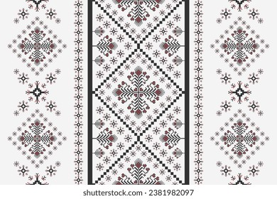 Geometric floral embroidery cross stitch pattern. Vector ethnic geometric floral pixel art seamless pattern on white background. Ethnic floral stitch pattern use for textile, home decoration elements.