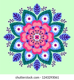 geometric floral ethnic decoration. Fashion mexican, navajo, aztec, native american ornament.  Colored vector design element for frame and border, textile, fabric or paper print. Vector illustration 
