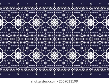 geometric and floral ethnic fabric seamless pattern, blue and white color, design for cloth, carpet, batik, wallpaper, wrapping etc.
