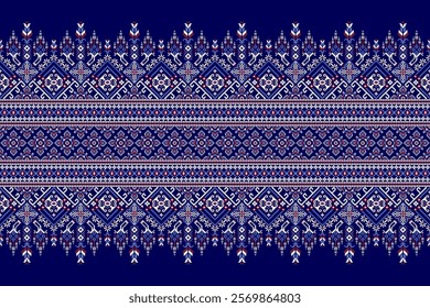 Geometric floral ethnic pattern,geometric flowers pattern on blue background,vector illustration,floral cross stitch pattern,Aztec style,abstract background.design for texture,fabric,clothing,print.