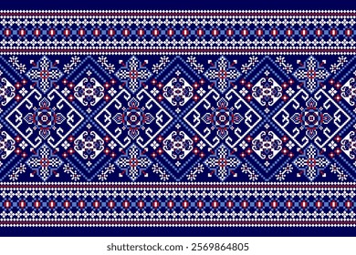 Geometric floral ethnic pattern,geometric flowers pattern on blue background,vector illustration,floral cross stitch pattern,Aztec style,abstract background.design for texture,fabric,clothing,print.