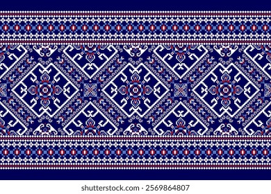 Geometric floral ethnic pattern,geometric flowers pattern on blue background,vector illustration,floral cross stitch pattern,Aztec style,abstract background.design for texture,fabric,clothing,print.