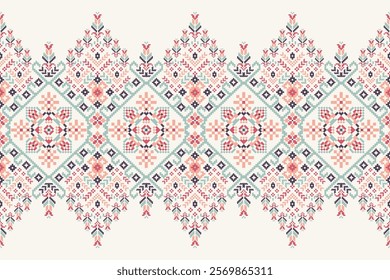 Geometric floral ethnic pattern,geometric flowers pattern on white background,vector illustration,floral cross stitch pattern,Aztec style,abstract background.design for texture,fabric,clothing,print.