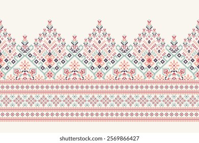 Geometric floral ethnic pattern,geometric flowers pattern on white background,vector illustration,floral cross stitch pattern,Aztec style,abstract background.design for texture,fabric,clothing,print.