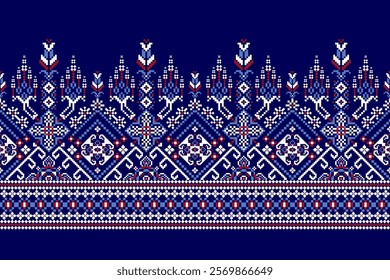 Geometric floral ethnic pattern,geometric flowers pattern on blue background,vector illustration,floral cross stitch pattern,Aztec style,abstract background.design for texture,fabric,clothing,print.