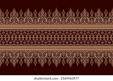 Geometric floral ethnic pattern,geometric flowers pattern on brown background,vector illustration,floral cross stitch pattern,Aztec style,abstract background.design for texture,fabric,clothing,print.