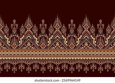 Geometric floral ethnic pattern,geometric flowers pattern on brown background,vector illustration,floral cross stitch pattern,Aztec style,abstract background.design for texture,fabric,clothing,print.