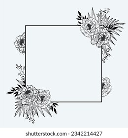 Marco floral geométrico, elementos florales. Estilo de lápiz de dibujo a mano. Perfecto para invitación, tarjeta de saludo, medios sociales, blog