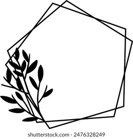 Geometric floral frame isolated on white background. Border with leaves, wreaths, flower elements. Hand drawn sketch pencil style.