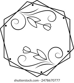 Geometric floral frame isolated on white background. Border with leaves, wreaths, flower elements. Hand drawn sketch pencil style.