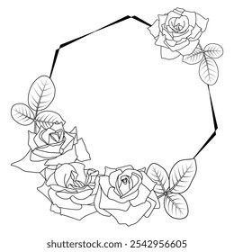 Geometric floral frame. Rose composition with hexagon shape. Buds, leaves, outline silhouettes. Decorative flower illustration. Design art element, suitable for Valentine, wedding, cards, invitations