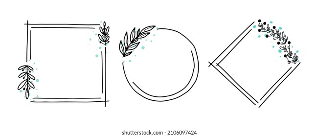 Geometric floral frame set, border with leaves,wreaths,flower doodle elements. Hand drawn sketch style for invitation, greeting card,social media and blog.