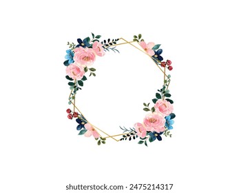 Geometric Floral Frame Water color. Abstract watercolor floral frame background vector. Watercolor invitation design with leaves, flower , gold geometric frame and watercolor brush strokes. 