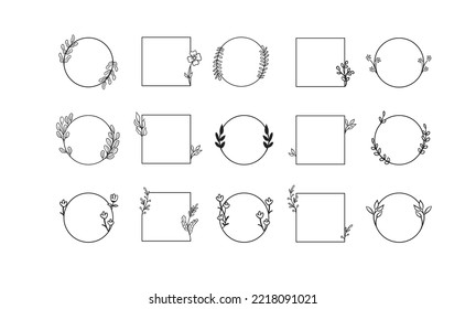 Marcos florales geométricos, bordes, coronas, ilustraciones a mano. Dibujo de líneas de moda, estilo de líneas con ramas y adornos naturales. 