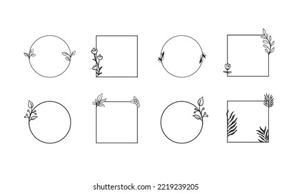 Marcos florales geométricos, bordes, coronas, ilustraciones a mano. Dibujo de líneas de moda, estilo de líneas con ramas y adornos naturales. 