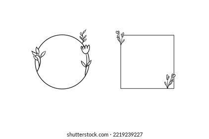 Marcos florales geométricos, bordes, coronas, ilustraciones a mano. Dibujo de líneas de moda, estilo de líneas con ramas y adornos naturales. 