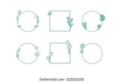 Geometrische Blumenrahmen, Ränder, Kräne, handgezeichnete Illustrationen. Trendy Line Zeichnung, Line Art Stil mit Ästen und Naturschmuck. 