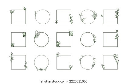 Marcos florales geométricos, bordes, coronas, ilustraciones a mano. Dibujo de líneas de moda, estilo de líneas con ramas y adornos naturales. 