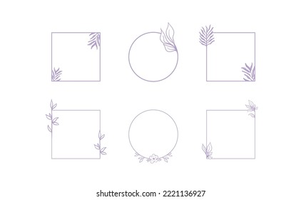 Geometric floral frames, borders, wreaths, hand drawn illustrations. Trendy Line drawing, line art style with branches and nature ornaments. 