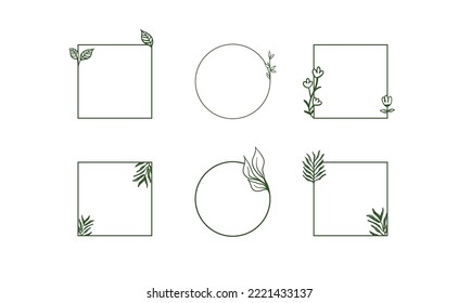 Marcos florales geométricos, bordes, coronas, ilustraciones a mano. Dibujo de líneas de moda, estilo de líneas con ramas y adornos naturales. 