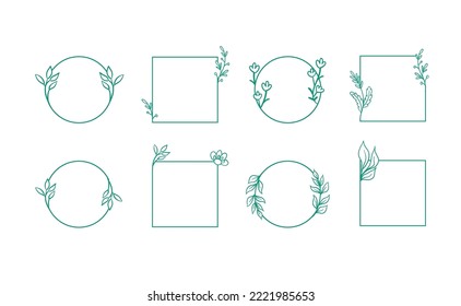 Marcos florales geométricos, bordes, coronas, ilustraciones a mano. Dibujo de líneas de moda, estilo de líneas con ramas y adornos naturales. 