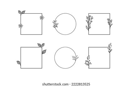 Marcos florales geométricos, bordes, coronas, ilustraciones a mano. Dibujo de líneas de moda, estilo de líneas con ramas y adornos naturales. 