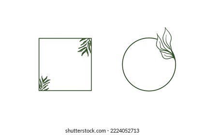 Geometric floral frames, borders, wreaths, hand drawn illustrations. Trendy Line drawing, line art style with branches and nature ornaments. 