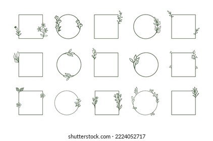 Marcos florales geométricos, bordes, coronas, ilustraciones a mano. Dibujo de líneas de moda, estilo de líneas con ramas y adornos naturales. 