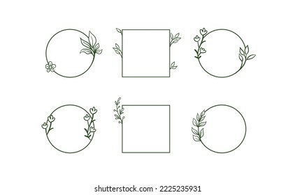 Geometric floral frames, borders, wreaths, hand drawn illustrations. Trendy Line drawing, line art style with branches and nature ornaments. 
