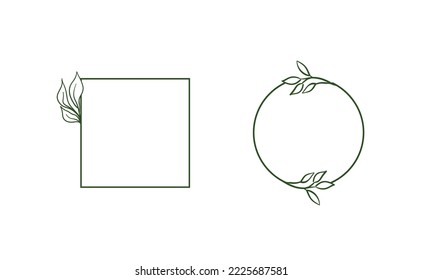 Geometric floral frames, borders, wreaths, hand drawn illustrations. Trendy Line drawing, line art style with branches and nature ornaments. 