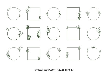 Geometric floral frames, borders, wreaths, hand drawn illustrations. Trendy Line drawing, line art style with branches and nature ornaments. 