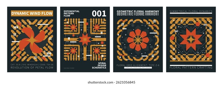 Geometric Floral Harmony: A collection of stylized geometric posters showcases a vibrant interplay of abstract floral designs, patterns, and bold typography, celebrating artistic vision.