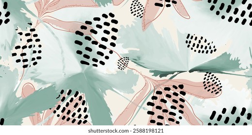 Geometric floral leaves and dots in a seamless pattern. Doodle hand-drawn flat element. Vector illustration