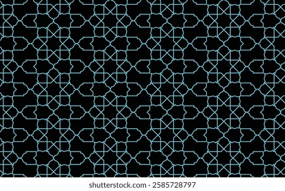  Geometric floral linear flower tile pattern. Luxurious oriental art deco texture background. Cyan lines on Black background wedding design.