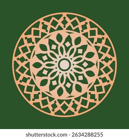 Geometrisches florales Mandalamuster in Pfirsich auf grünem Hintergrund Dieses Design verfügt über ein kreisförmiges Ornament mit floralen und geometrischen Elementen, perfekt für die Zugabe einer dekorativen Note zu verschiedenen Designs