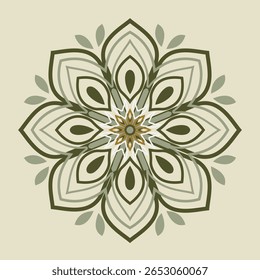 Um padrão de mandala floral geométrica em tons de verde, bege e branco cria uma estética calmante e equilibrada, ideal para decoração.