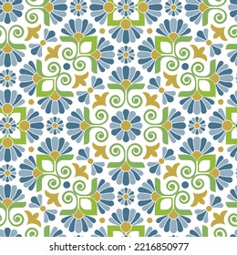 Geometric floral motif in blue, green, and yellow on a white background. Flowers and leaves in retro style. Seamless vector pattern.  Graphic texture for textile, wrapping, and decorative projects.