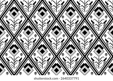Geometric floral motif textile design in black and white. Abstract black pixel art flower in diamond shape. Concept of frame, botany, classic, vintage for background, wrap, decor, seamless pattern.