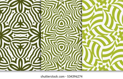 geometric floral ornament. green color. seamless vector pattern set.