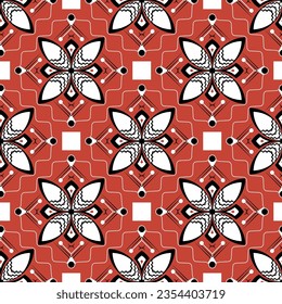 geometrische Blumenverzierung nahtloses Muster Traditioneller folkloraler Hintergrund, rot, schwarz, weiß 