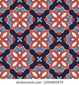 geometric floral ornament seamless pattern traditional folk medieval background tile, deep shade red, black, blue